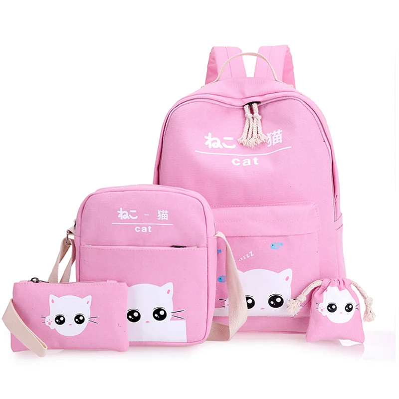 pink cat Woman backpacks for teenage school bag for girls 4 pcs/set