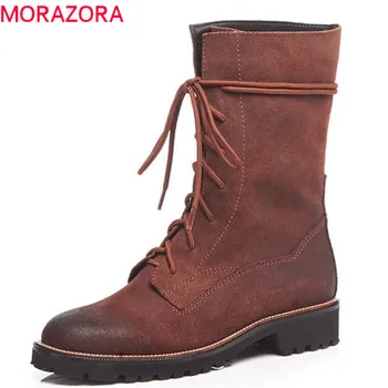 

MORAZORA 2020 newest suede leather ankle boots for women warm autumn winter boots lace up square heels female shoes