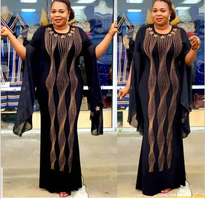 Африканские платья для женщин Дашики алмаз африканская одежда Базен Broder Riche сексуальный тонкий рукав рюшами халат вечернее длинное платье - Цвет: Черный