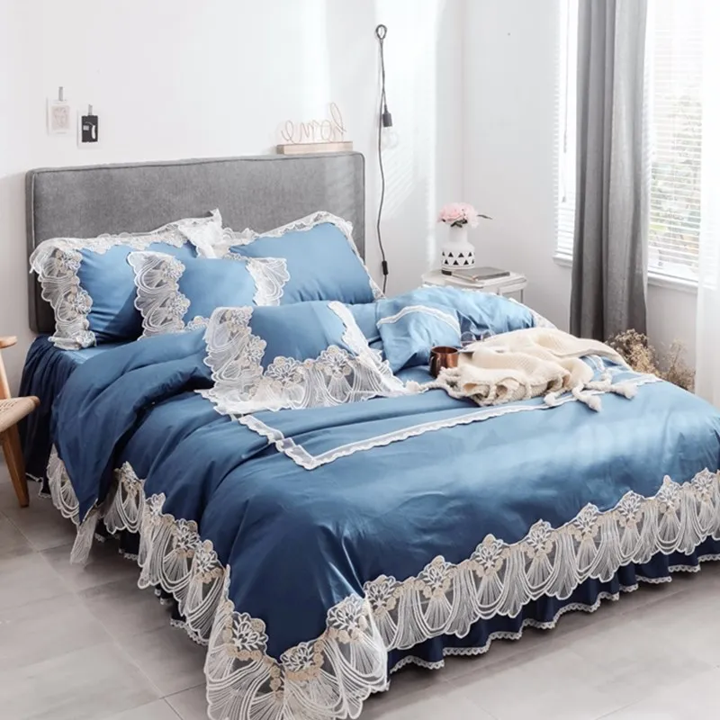 

Home Textile Bedding set Luxury 4pcs Lace Embroidered Princess Duvet Cover Set Bed Sheet Pillowcases Solid Wedding Bedclothes