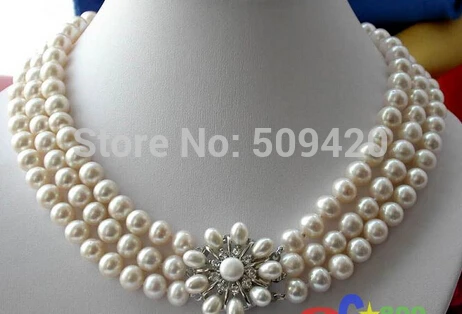 

~~ W&O653 >3ROW 10MM WHITE ROUND FW CULTURED PEARL NECKLACE