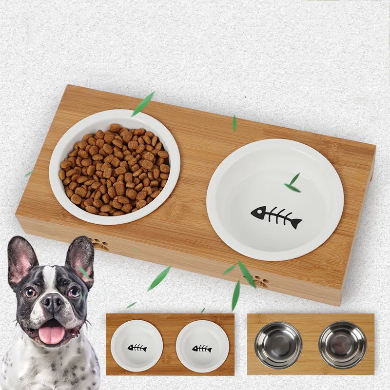 

Elevated Dog and Cat Bamboo Pet Feeder Double Bowl Raised Stand Comes with Two Ceramic or Stainless Steel Bowls for Dogs Cats