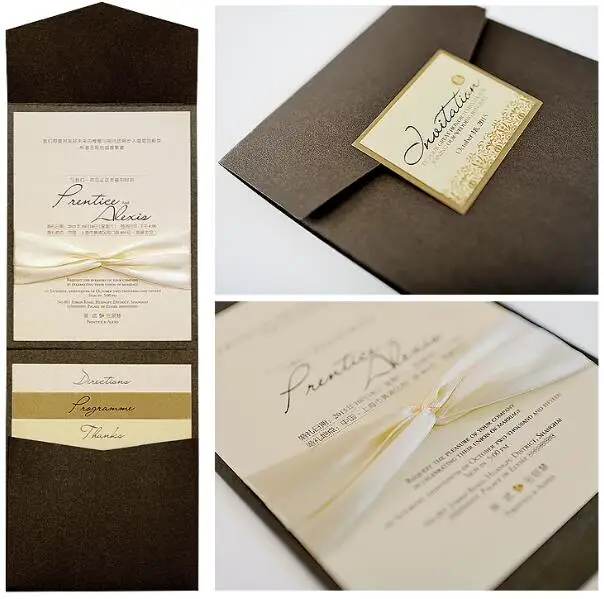brown pocket wedding invitations with rsvp free customized printing pocket wedding invitation