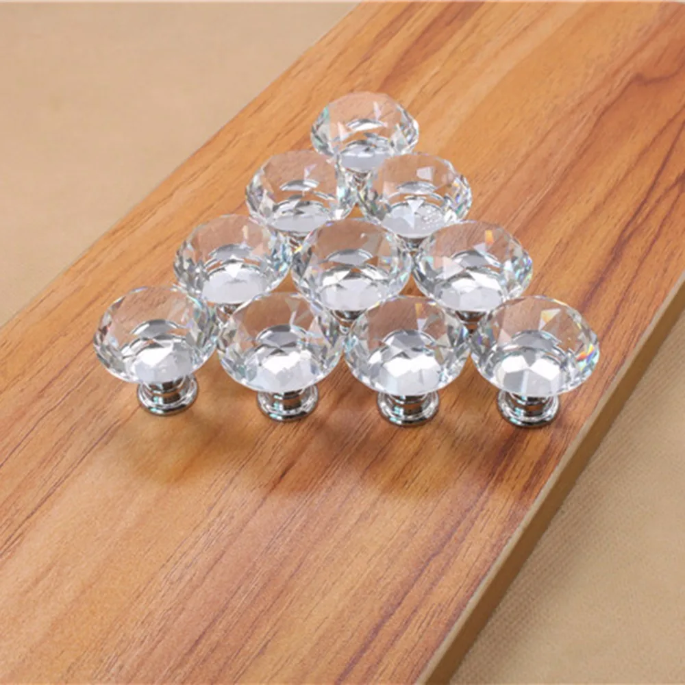 10Pcs 30mm Diamond Plated Shape Crystal Glass Knob Cupboard Drawer Pull