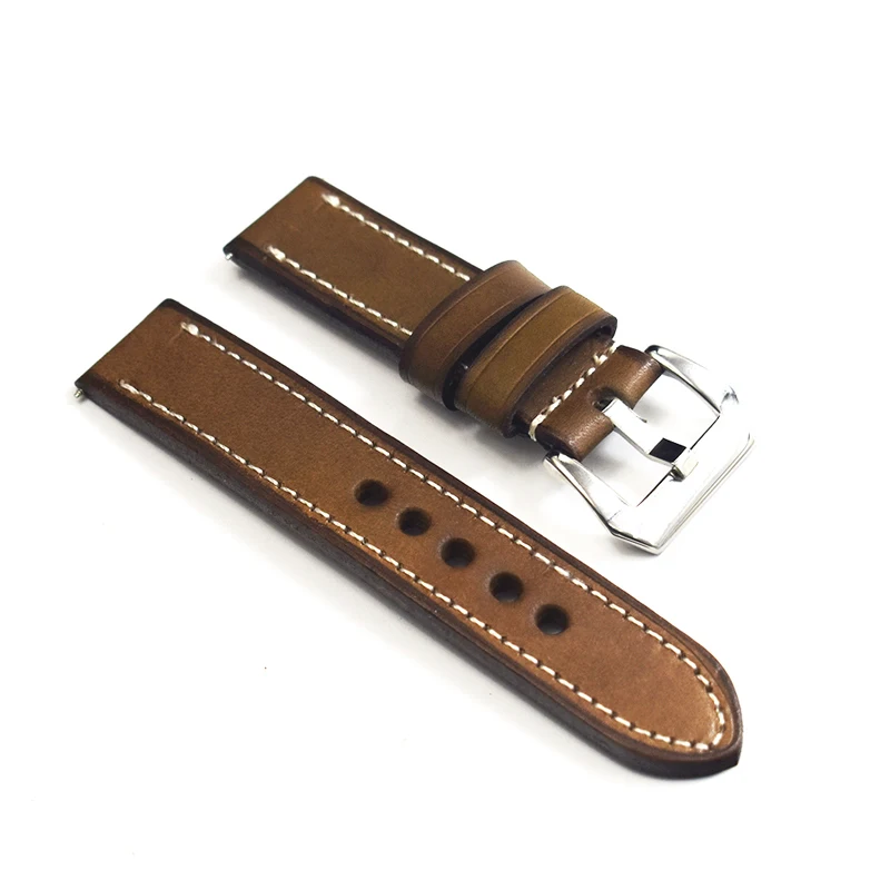 Ремешок для часов кожаный ретро браслет ручной работы 20 мм 22 мм 24 мм винтажный толстый ремешок для часов Ремешок для часов Ремни полированная пряжка KZB03 - Цвет ремешка: Coffee
