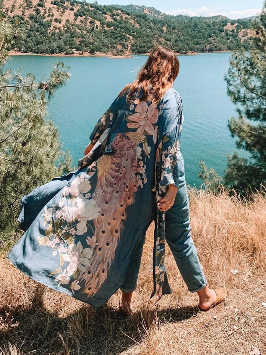 

Jastie Waterfall Maxi Duster Boho Long Kimono Jacket Cardigan Floral Print Beach Robe Wide Sleeve Kimono Women Shirt Jacket Coat