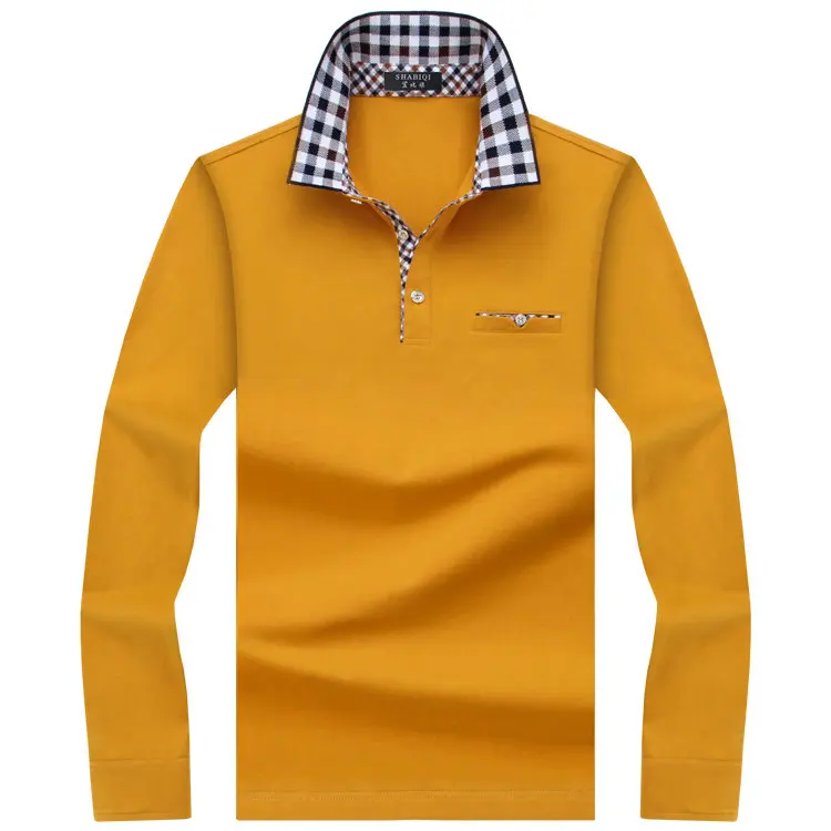 Мужская рубашка-поло, мужские однотонные рубашки с длинным рукавом, Camisa Polo Masculina, повседневные хлопковые полосатые рубашки, большие размеры, S-10XL, новые брендовые футболки - Цвет: Цвет: желтый