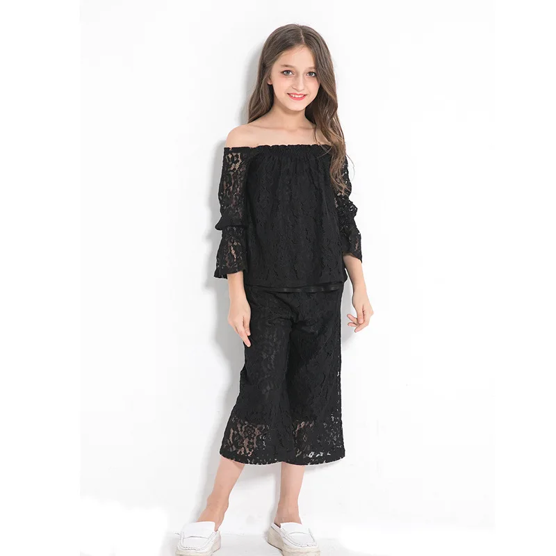

Elegant Teenage Girls Clothing Two-pieces Black Lace Sets Princess Party Clothing 10 12 14 years
