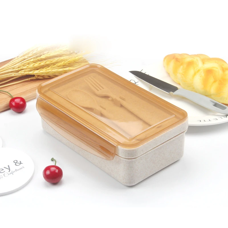 

Natural Eco-Friendly Chaff Rice Husk fiber Lunch Box With Fork Knife Spoon Microwave Bento Leak-Proof Food Container Bento Box