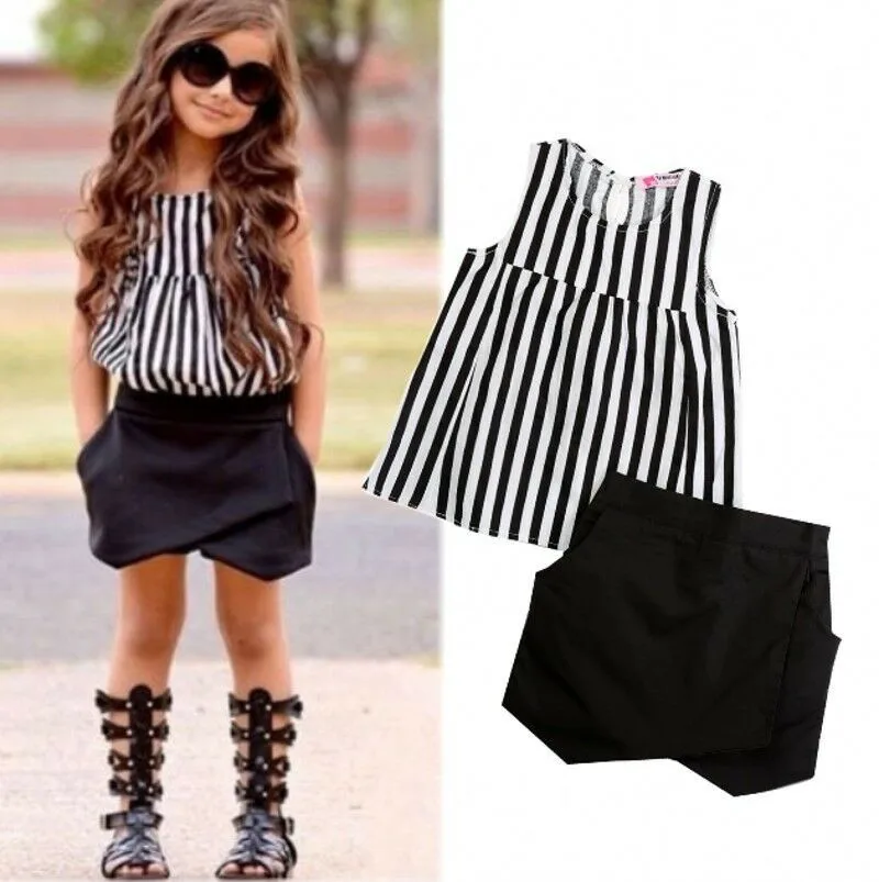 

Fashion Hot Sale 2pcs Girl Clothes Set Vertical Striped Sleeveless Single Button O-Neck Top and Shorts High Quality Streetwear
