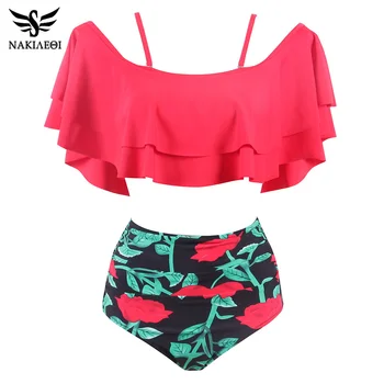 

NAKIAEOI 2019 Bikinis High Waist Swimsuit New Ruffle Vintage Biquinis Women Swimwear Bandeau Dot Top Print Bottom Bathing Suits