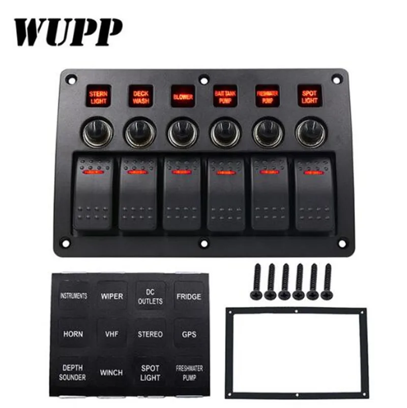 

WUPP Voltmeter Car Ship Yacht Switches On/ Off 6 Gang Waterproof Car Auto Boat Marine LED Rocker Switch Panel Circuit Breakers