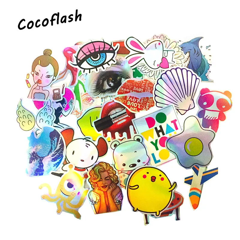 28pcs Cartoon Colourful Reflection Laser Sticker Cute Style Waterproof Snowboard Luggage Laptop Motorcycle Suitcase Sticker