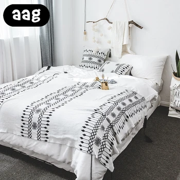 

AAG Cotton Tassel Thread Blanket Handmade Knitted White Black Geometric Pattern Home Decor Crochet Blanket lumbar Cushion Pillow