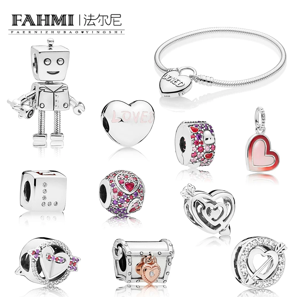 

FAHMI 100% 925 Sterling Silver Valentine's Day Rob Bot CLUB Dice Sparkling Arrow Heart Charm Loved Heart Clip Pendant Bracelet