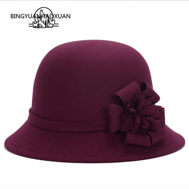 

BINGYUANHAOXUAN New autumn and winter flower Cap Woman Wool Hat Imitation Retro Hat Princess Hat Fedora Cloche Solid Bucket Hats