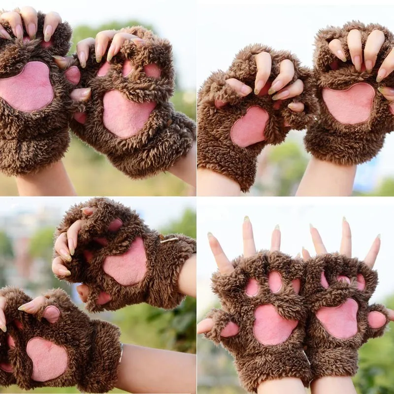 Новое поступление Для женщин милый медведь кошка лапой пушистые перчатки зимние теплый плюш Половина Finger уютные перчатки подарок