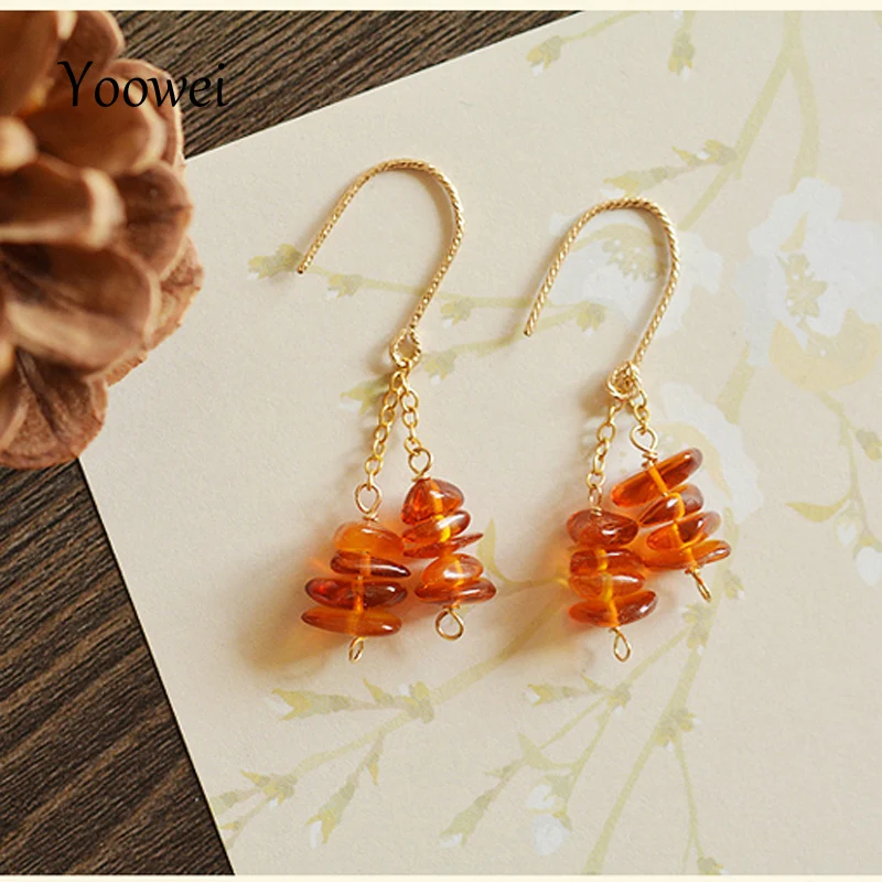 

Yoowei Natural Amber Earrings Certificated Authenticity Dangling Earrings Natural Amber with 14K Gold Long Chain Cognac Earrings