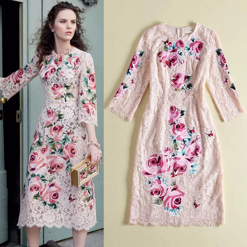 2019 spring and summer European station lace printed applique rose print Slim American big embroidered midi dress | Женская одежда