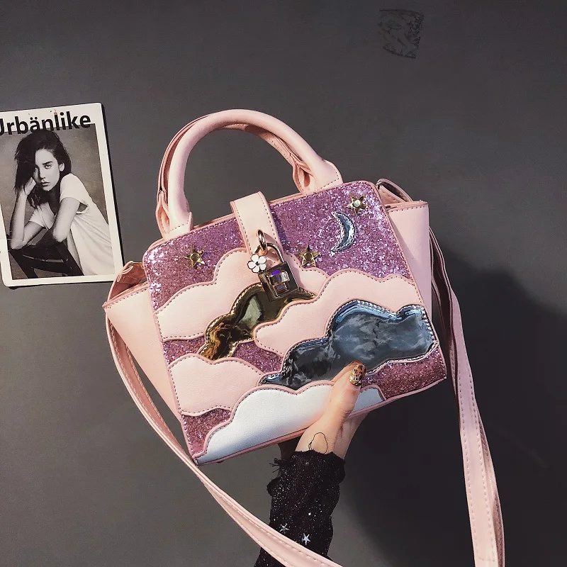 

2018 new sequins cloud handbag women Fashion trend personality star color color lock buckle Messenger bag.