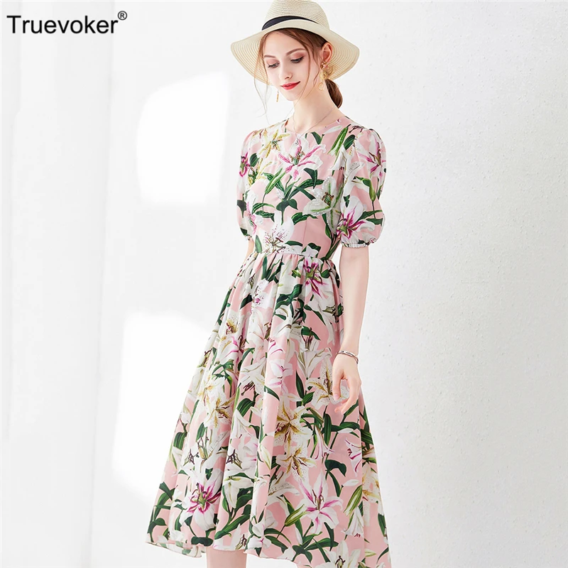 

Truevoker Summer Designer Dresses Women's High End Short Sleeve Pink Lily Floral Printed Beading Sequins Midi Vestidoes