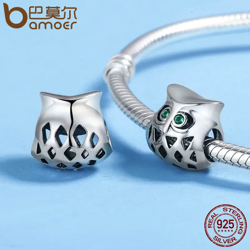 BAMOER New Arrival 925 Sterling Silver Lovely Owl Openwork Clear CZ Animal Charms fit Women Bracelets Jewelry Making SCC424