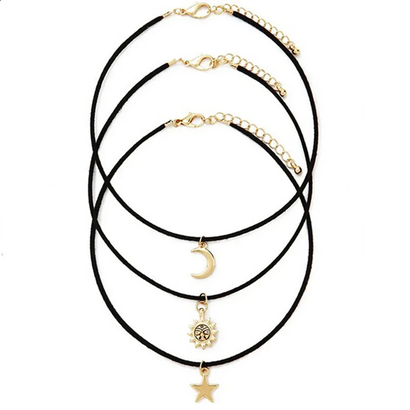 3 Pcs Sets Star Moon Sun Chokers Necklaces Alloy Pendants Maxi Necklaces For Unisex Hot-selling Necklace Sets