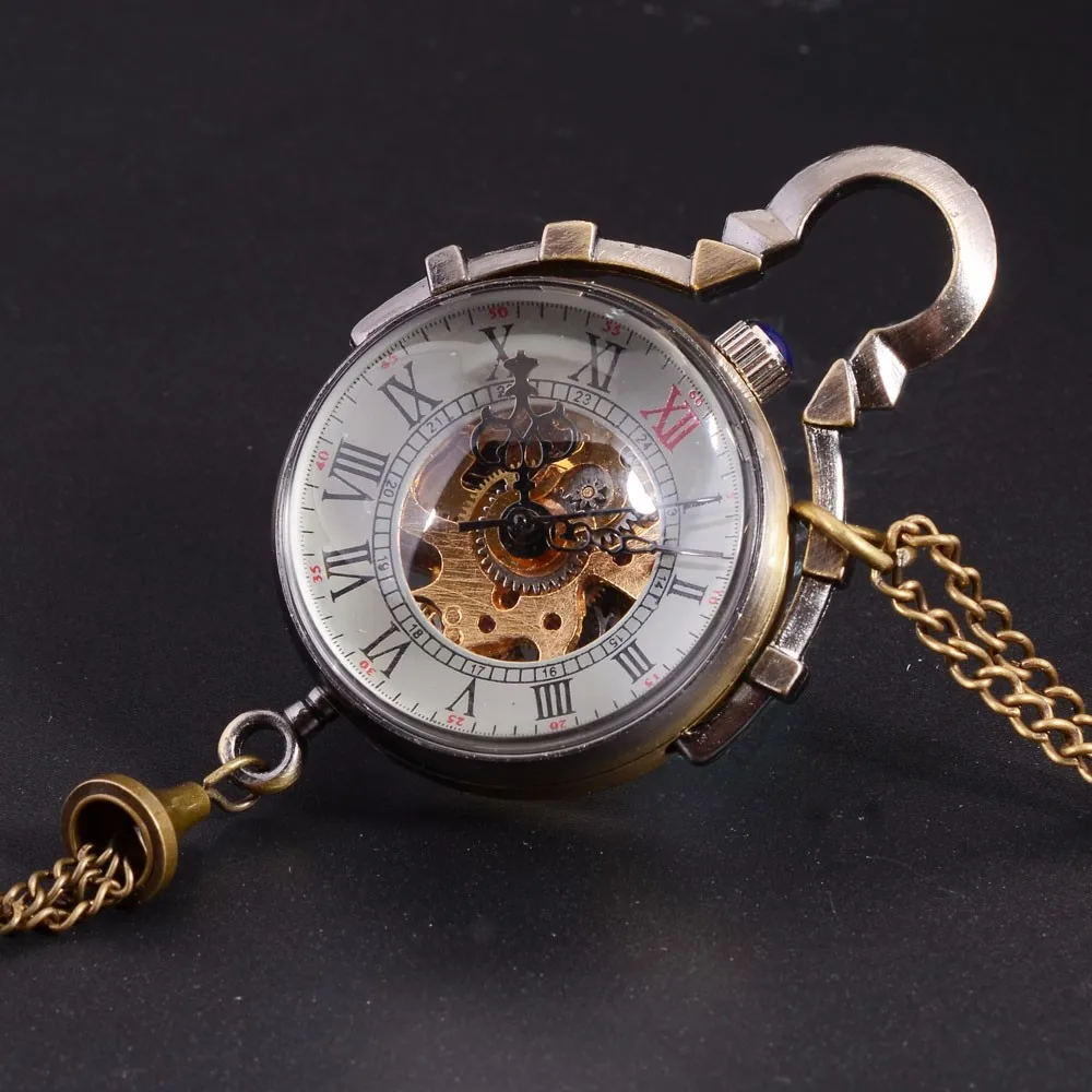 Античного Механические карманные часы Сеть маленький шарик Дизайн Бронзовый стимпанк Скелет карман и брелок часы золотой Цепочки и