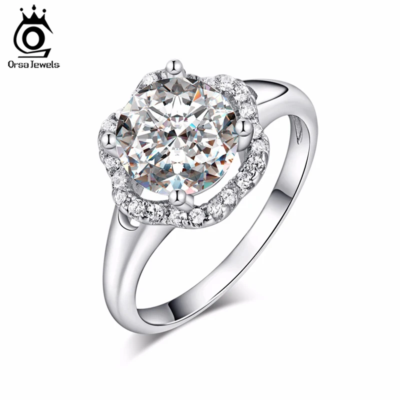 ORSA JEWELS Fashion Jewelry Flower Wedding Ring for Women Engagement Rings with One Big Luxury 2 Carat AAA Cubic Zirconia OR34