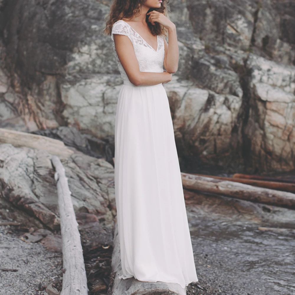 

vestido daminha de casamento V-neck Cap Sleeve Lace Chiffon Beach Wedding Dress Backless Bridal Gown robe pour mariage femme