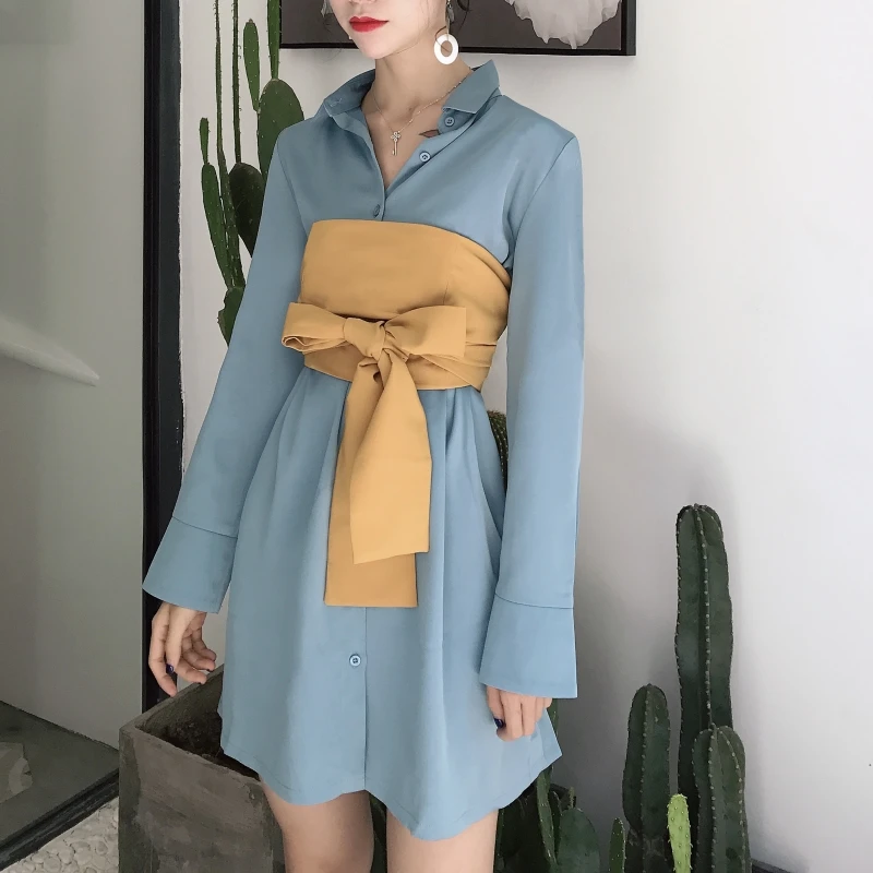 

Women Long Sleeve Shirt Dress Turn-down Collar Short Dress Summer Office Work Dress Two Piece Shirt Dress+Bandage wrapped chest