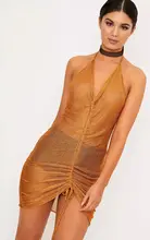 

NIAOZHISHENG 2017 Women's New Sexy Nightclub Perspective Dress Hanging Neck Exposed Backpack Hip Dress