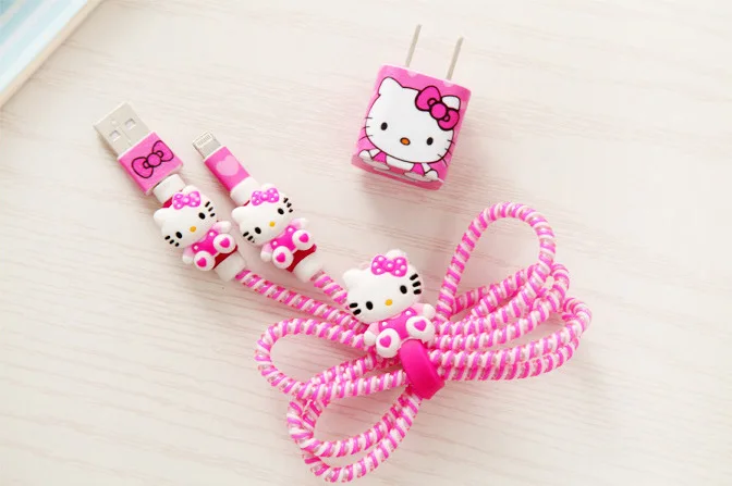 1 комплект мультфильм usb-флеш-накопитель Hello Kitty кабель протектор для наушников с кабельным Стикеры для намотки спиральный usb-шнур с зарядным устройством для iphone 5 6 6s 7 - Цвет: rose red kitty