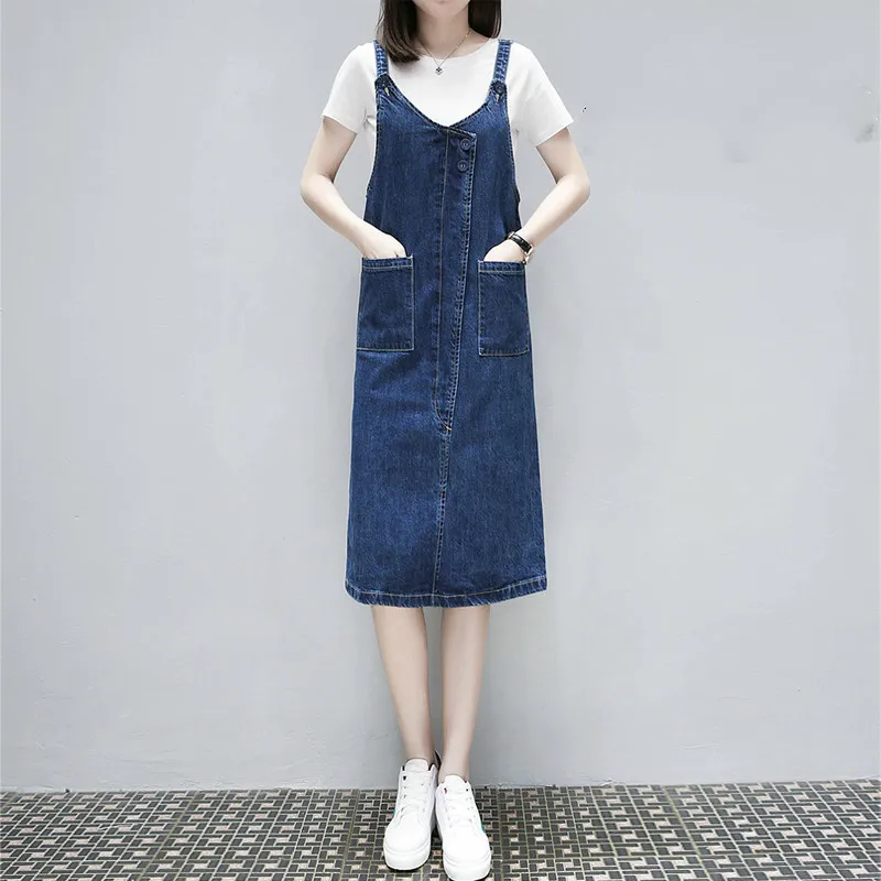2019 Women Summer Casual Spaghetti Strap Denim Dresses Pockets Elegant Cowboy Fashion Feminino Lady Jeans Dress Plus size XL-5XL