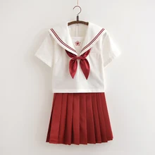 Japanese Girls Red JK Sailor Suit Cosplay School Uniforms Short Sleeve T Shirt Preppy Style College Skirt Female Costume Set