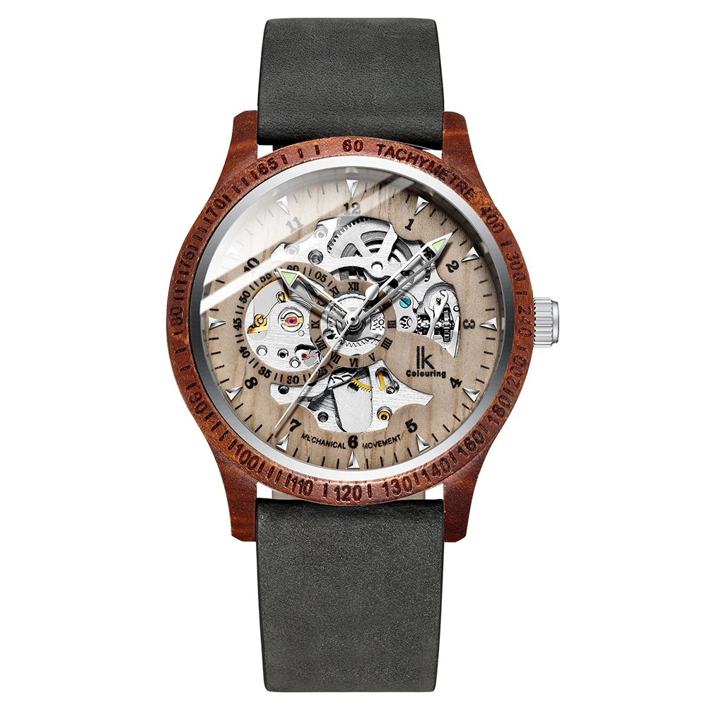 IK Colouring Men Watch Vintage Wood Case Suede Leather Bracelet Automatic Mechanical Skeleton Steampunk Wooden Male Wristwatch