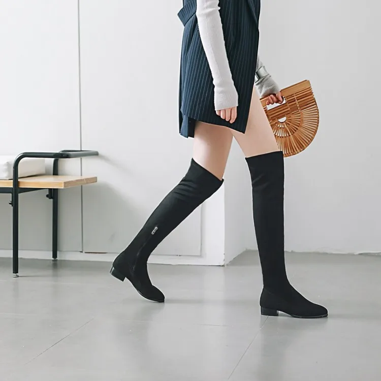 

Big Size 11 12 13 14 15 16 17 Slender long boots with pointed square heel and low heel side zipper over knee