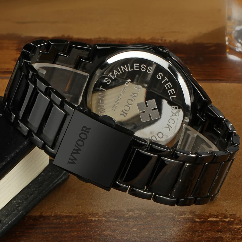 WWOOR Top Brand Luxury Men Stainless Steel Waterproof Sports Watches Men's Quartz Analog Date Clock Male Black Strap Wrist Watch