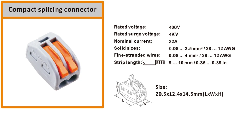 20 шт./кор.) Мини-быстрый разъем 222-412(PCT212) Универсальный Компактный проводной разъем, 2-контактный разъем, клемма блока