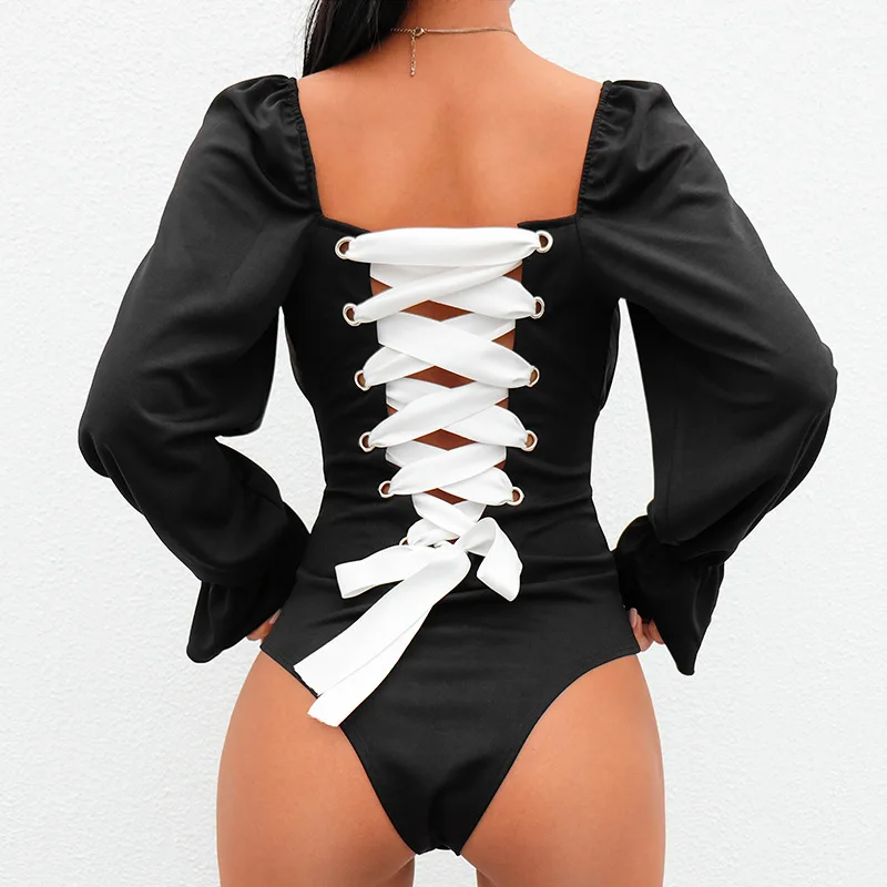 Sexy Body Mujer Black Back Lace Up Long Sleeve Jumpsuit Women Clothes Body Feminino Para Mulheres Bodysuit Romper Women