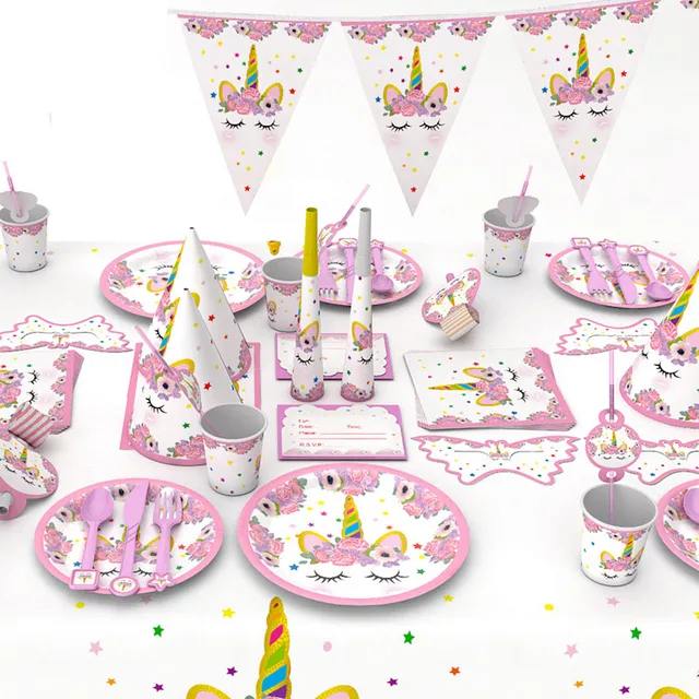 Unicorn Party Decoration Tableware Set Cup Plate Straws Banner