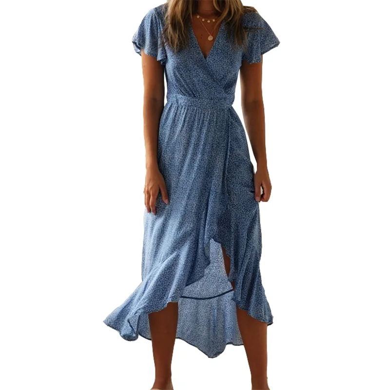 Летние пляжные платья для женщин, богемное праздничное платье в мелкий горошек с поясом и оборками, сексуальное длинное платье средней длины с v-образным вырезом, Ассиметричное платье M0128 - Цвет: Blue