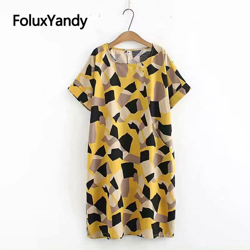 

Cotton and Linen Summer Dress Women Vestidos Knee-length Loose Print Short Sleeve Dress Plus Size XXXL 4XL KKFY3508