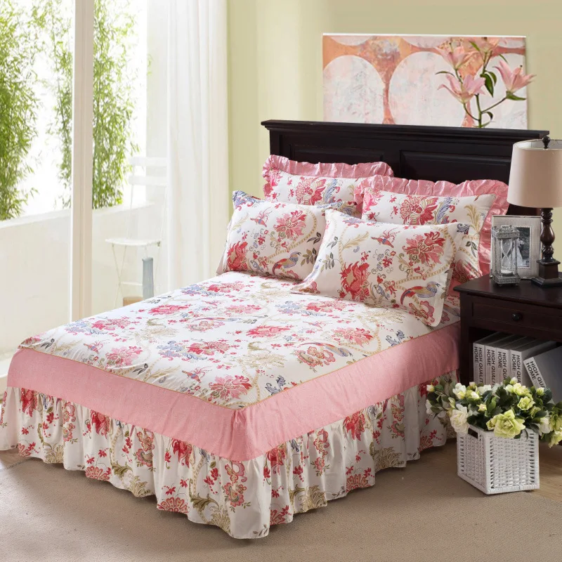 

Modern Bed Cover 3Pcs Set Bed Skirt+2Pcs Pillow Case 100% Cotton Twill Reactive Printing Adult Sheet Set Home Use High Quality