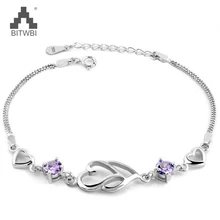 Модный 925 пробы серебряный браслет с блестящими кристаллами из циркона, женский браслет для влюбленных в сердце, ювелирное изделие на цепочке, браслеты для женщин