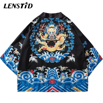 

LENSTID 2019 Harajuku Kimono Jacket Japanese Hip Hop Men Streetwear Jacket Ancient Chinese Officer Robe Dragon Summer Thin Retro
