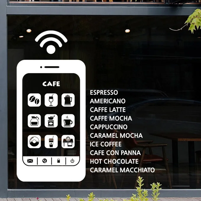

Coffee Shop Wall Decal Mobile Wifi Design Coffee Machine Coffee Words Cafe Wall Sticker Coffee Shop Window Glass Wall Decoration