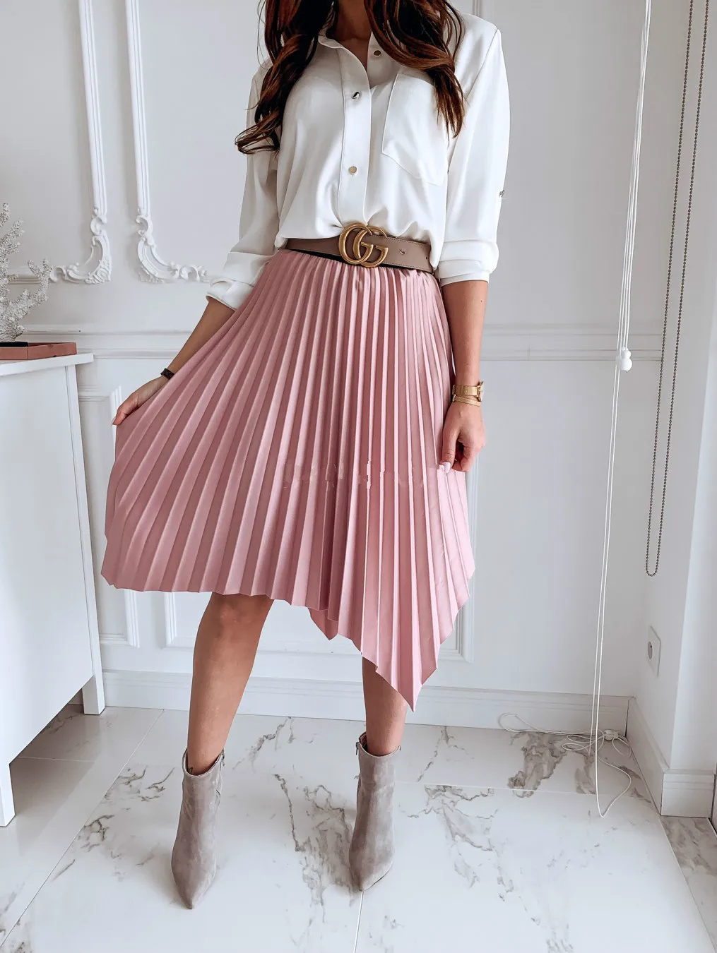 Женская миди модная плиссированная юбка с эластичным поясом, розовые, синие, хаки юбки до колен, асимметричная юбка с ласточкиным хвостом, Офисная Женская юбка - Цвет: 3212-Pink