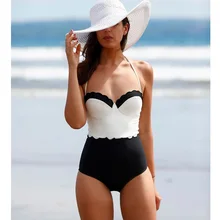 Монокини черный и белый лоскутный купальник женский на косточках цельный бикини купальник для похудения женская летняя пляжная купальный костюм