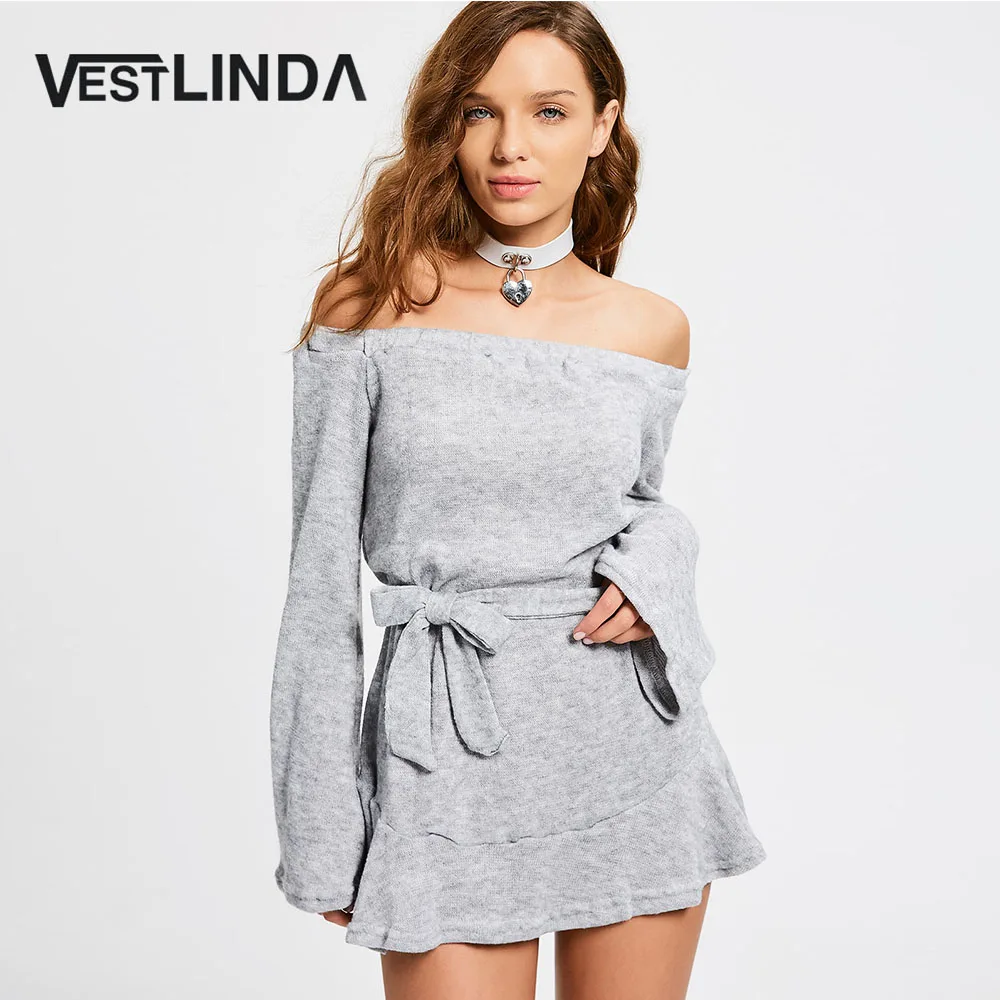 VESTLINDA Off Shoulder Mini Gray Dress with Belt Slash Neck Long Sleeve Casual Dresses Women Fall 2017 Fashion Vestido De Festa